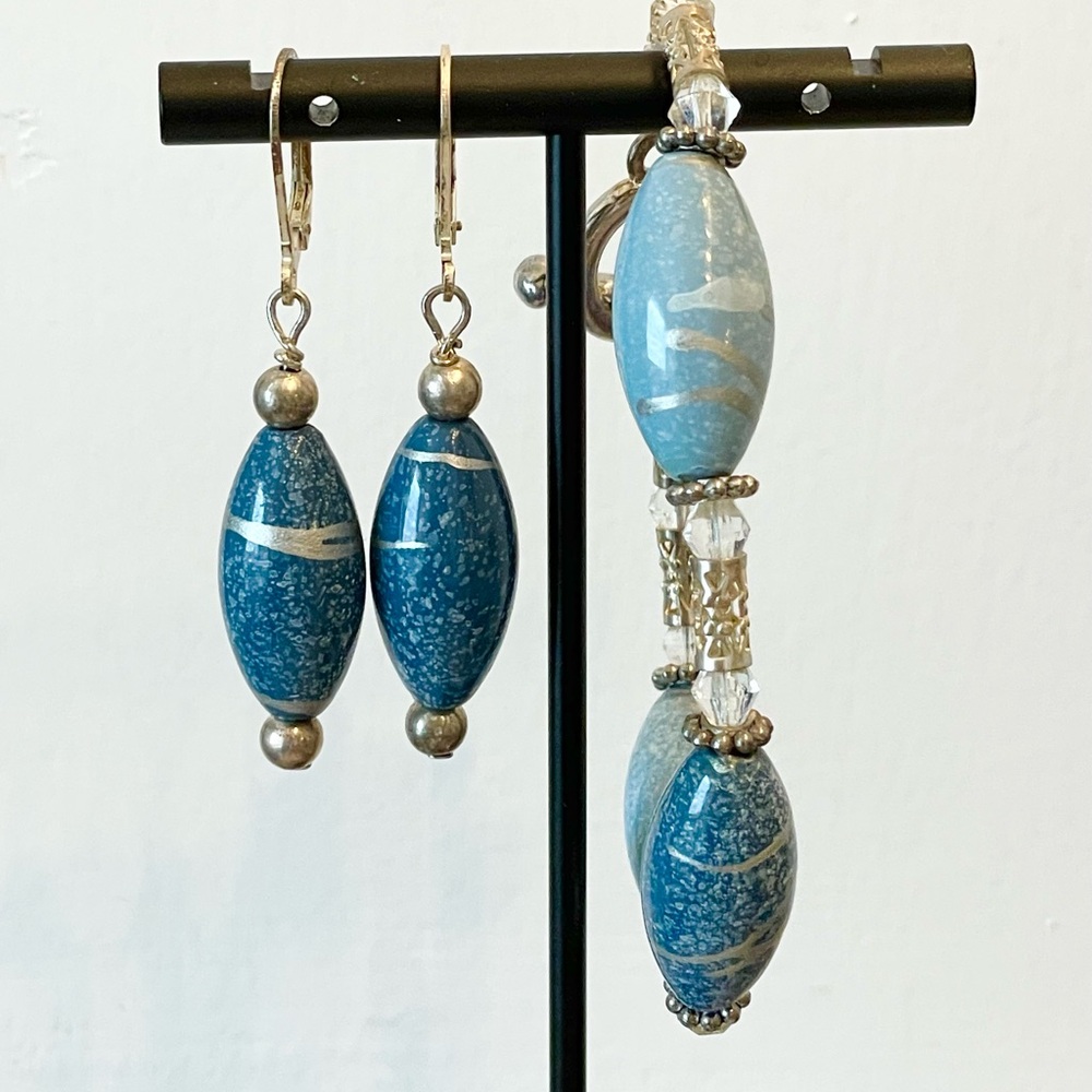 Set of 2: Hand-crafted, blue bead and silver colored dangle earrings & bracelet